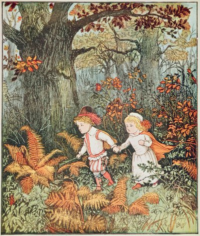 Kinderen in het bos (2 kinderen wandelen in het bos) door Randolph Caldecott